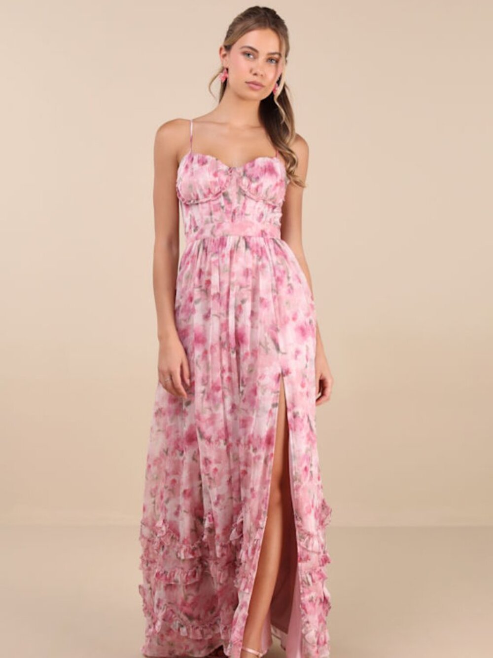 Lulus Novella Pink Floral Ruffled Bustier Lace-up Maxi Dress - Size S